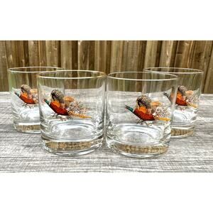 West Virginia Glass Vintage 'Pheasant in Flight' Lowball Rocks Barware-Set 4
